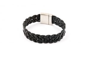 Bracelet cuir plat noir tréssé REF 0148