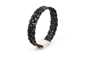 Bracelet cuir plat noir tréssé REF 0148